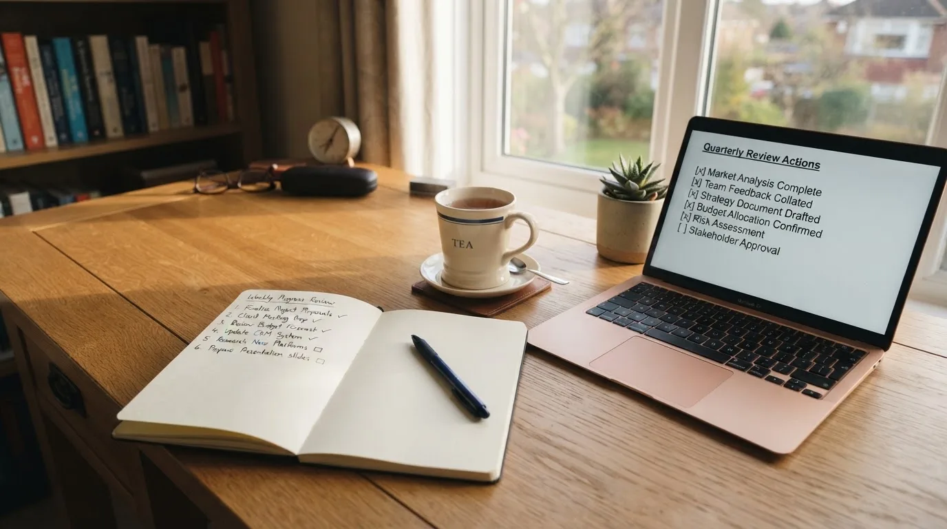 A tidy desk with a notebook, a mug of tea and a laptop open to a checklist, morning light through a window.