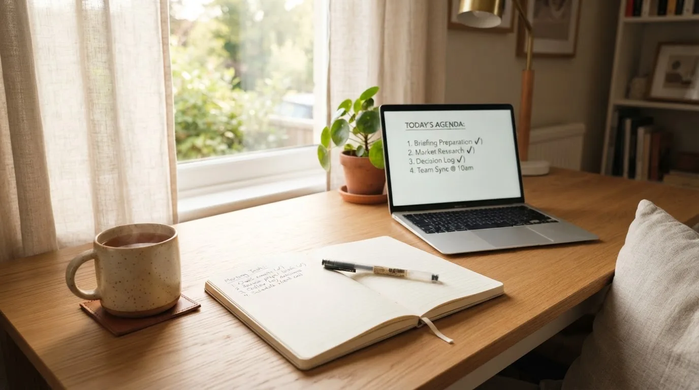 A tidy desk with a notebook, a mug of tea and a laptop open to a checklist, morning light through a window.