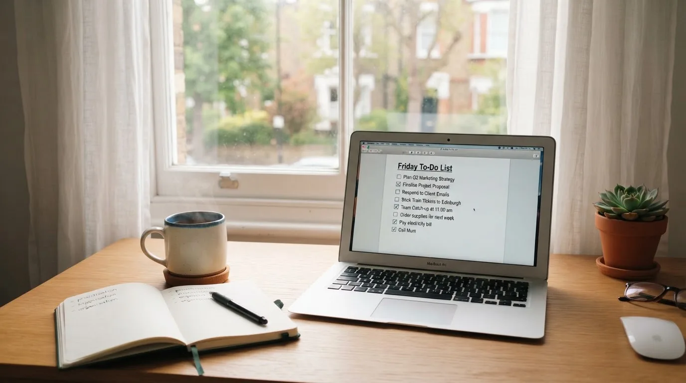 A tidy desk with a notebook, a mug of tea and a laptop open to a checklist, morning light through a window.