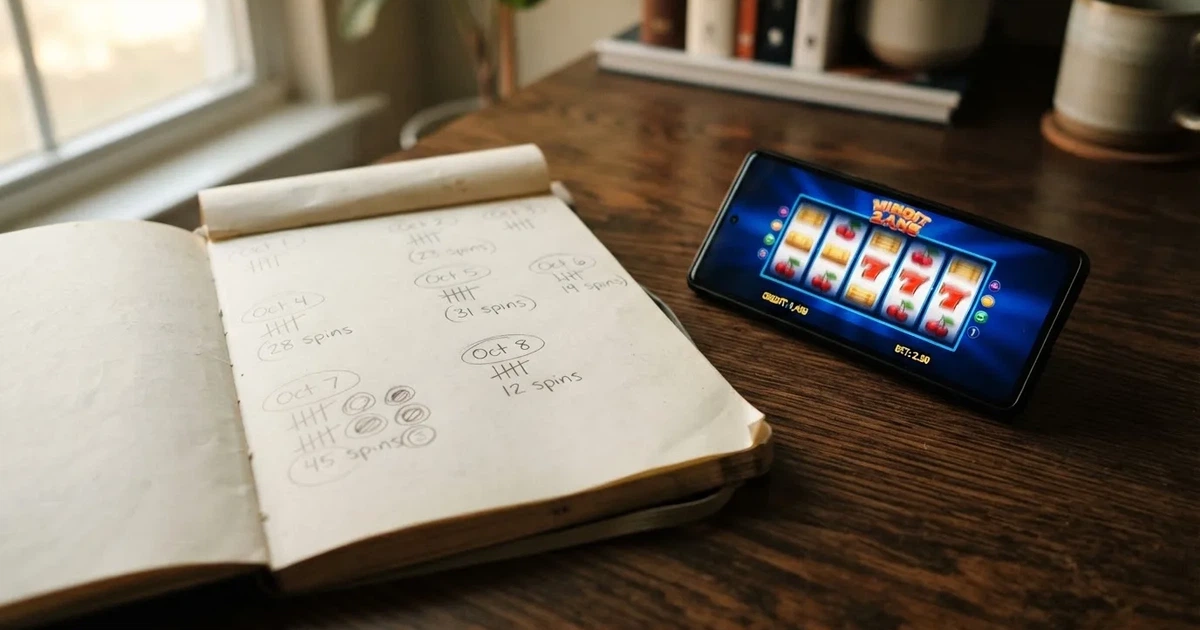 A notepad with a tally of spin counts rests beside a smartphone displaying a slot-reel icon on a desk.