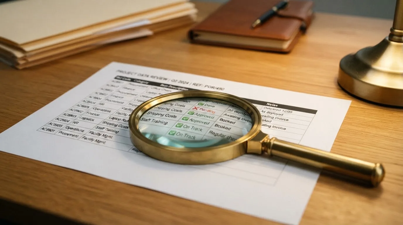 A magnifying glass rests over a printed regulatory certificate on a wooden desk.