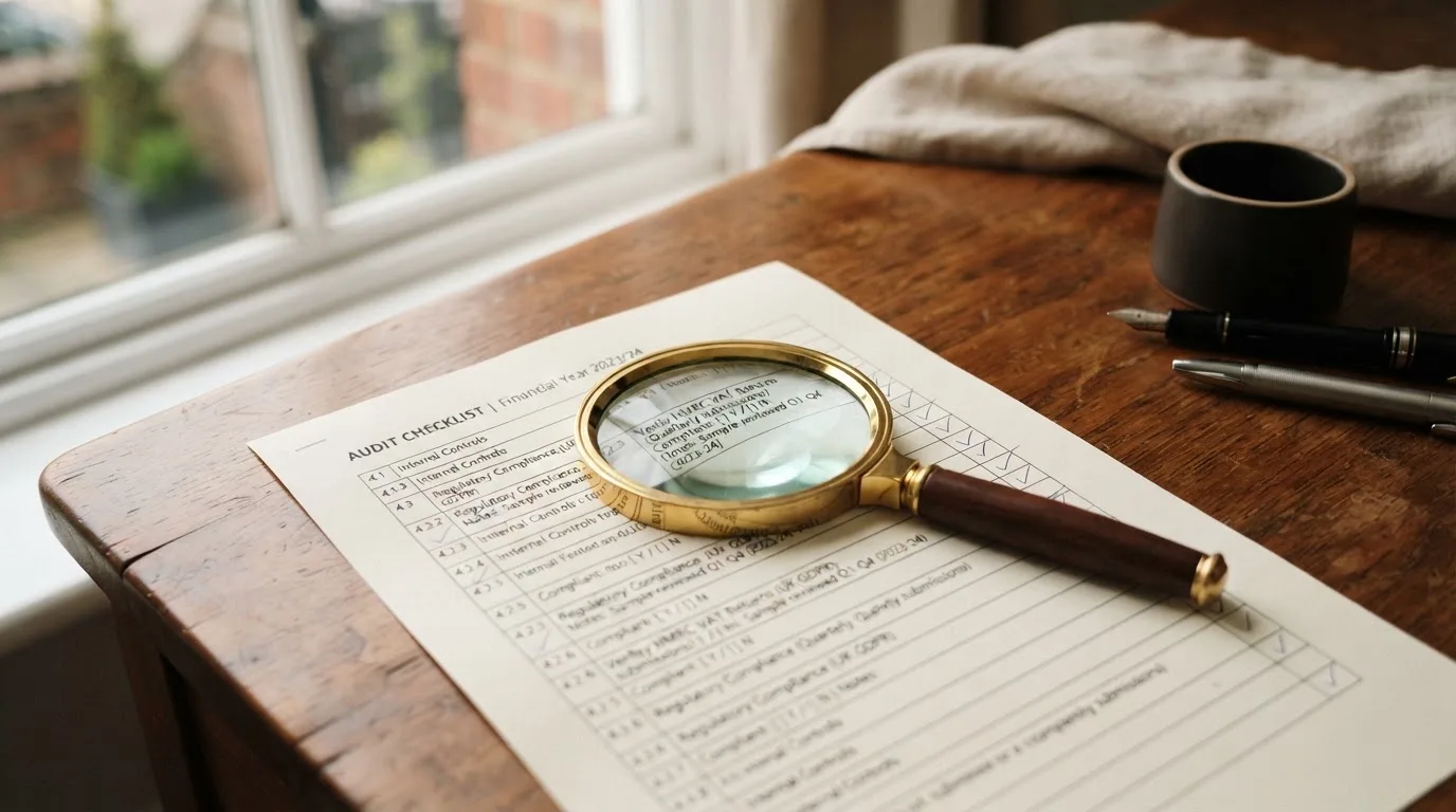 A magnifying glass rests over a printed regulatory certificate on a wooden desk.