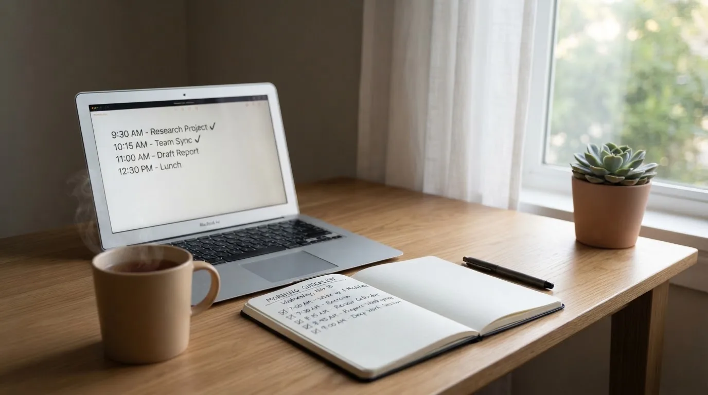 A tidy desk with a notebook, a mug of tea and a laptop open to a checklist, morning light through a window.
