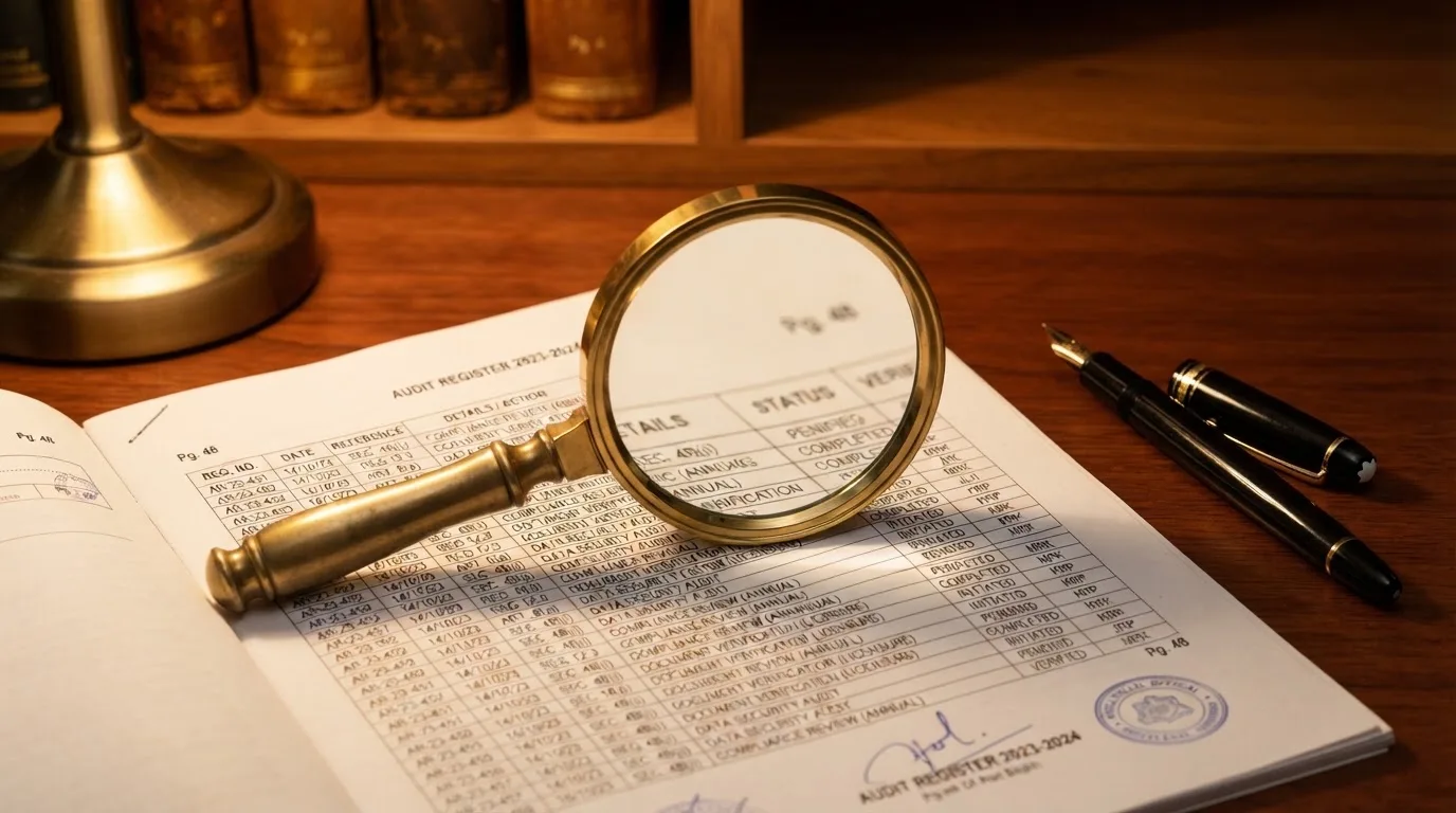 A magnifying glass rests over a printed regulatory certificate on a wooden desk.