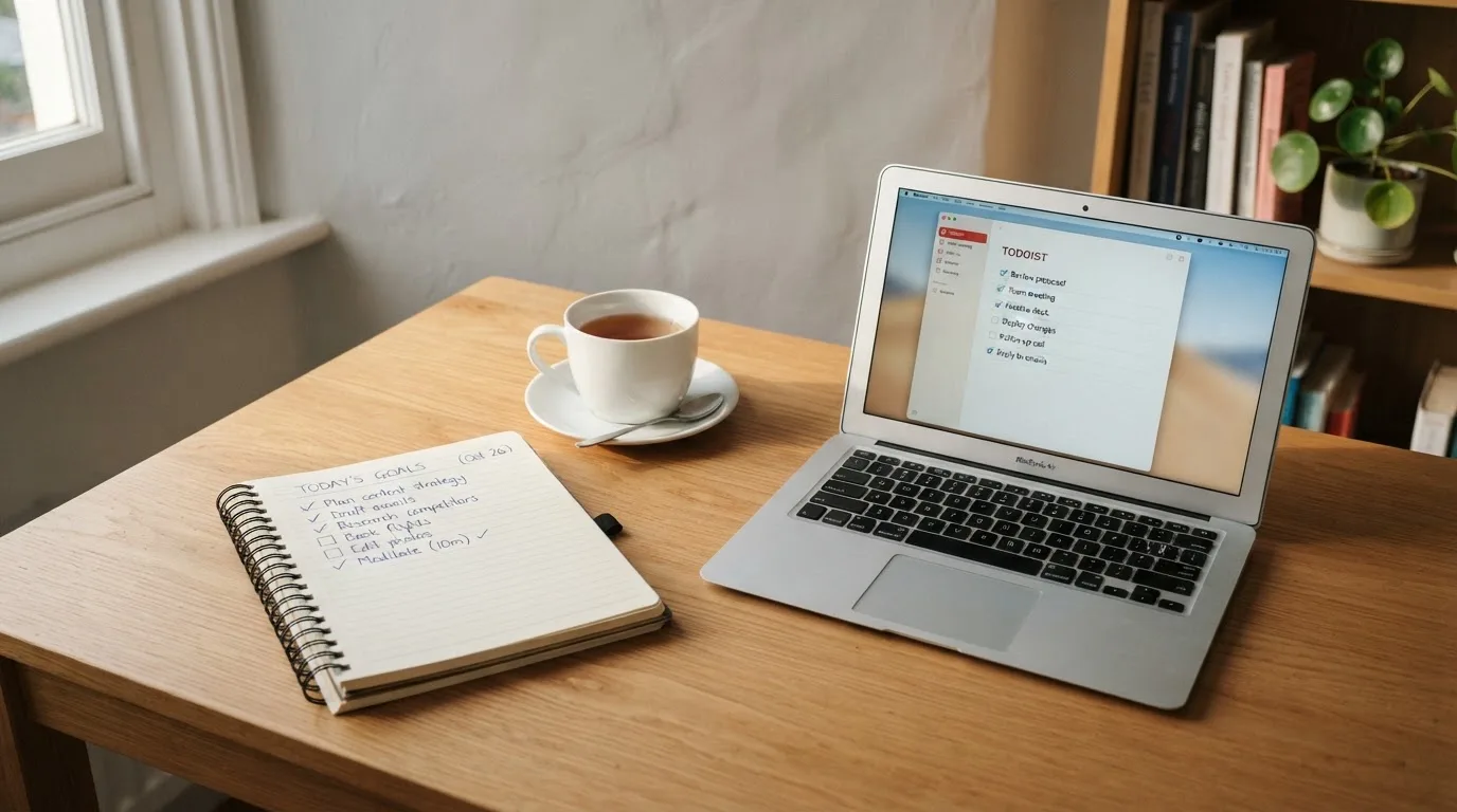 A tidy desk with a notebook, a mug of tea and a laptop open to a checklist, morning light through a window.