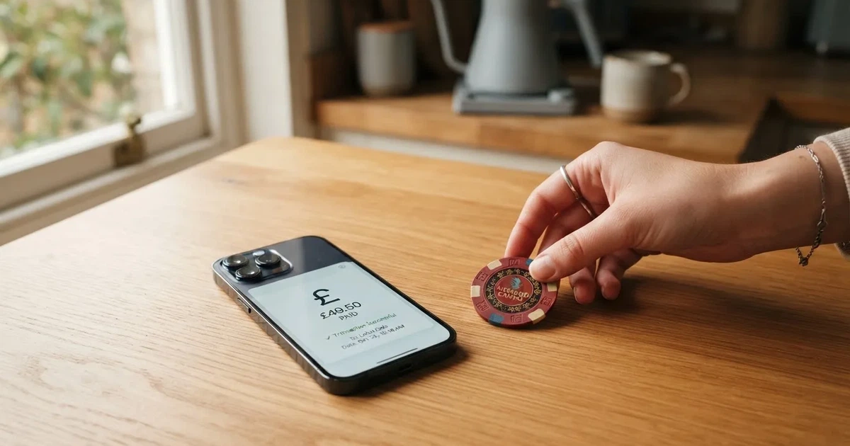 A hand places a £2 coin next to a smartphone showing a bank transfer confirmation screen on a kitchen table.