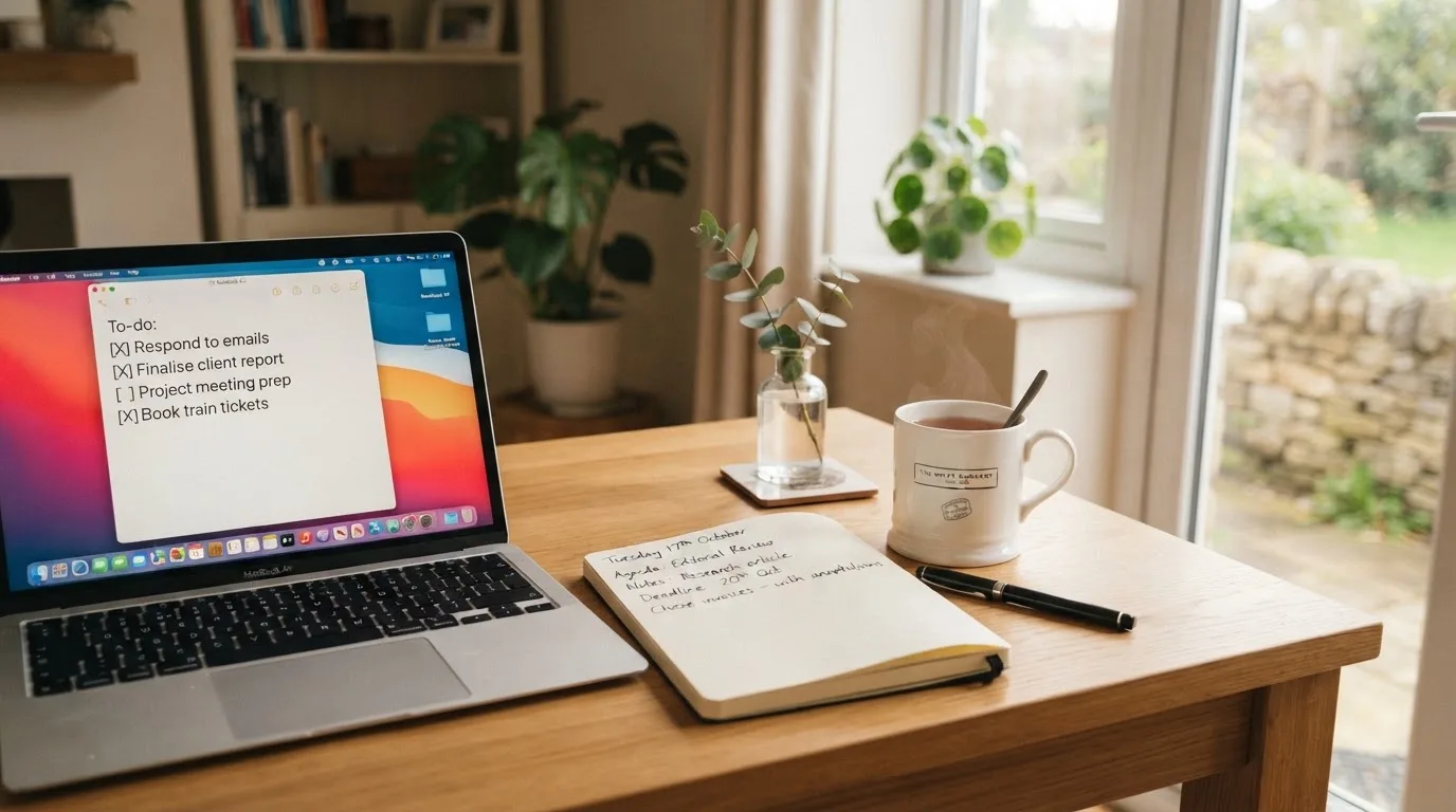 A tidy desk with a notebook, a mug of tea and a laptop open to a checklist, morning light through a window.