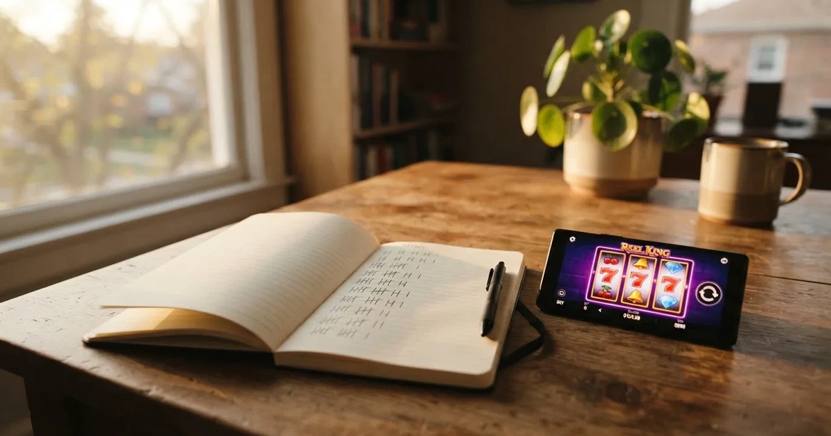 A notepad with a tally of spin counts rests beside a smartphone displaying a slot-reel icon on a desk.