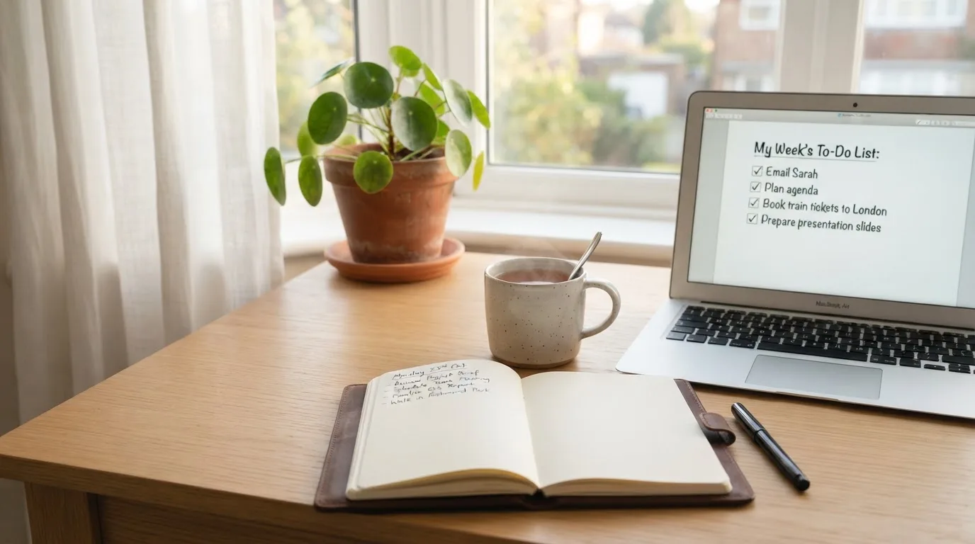 A tidy desk with a notebook, a mug of tea and a laptop open to a checklist, morning light through a window.