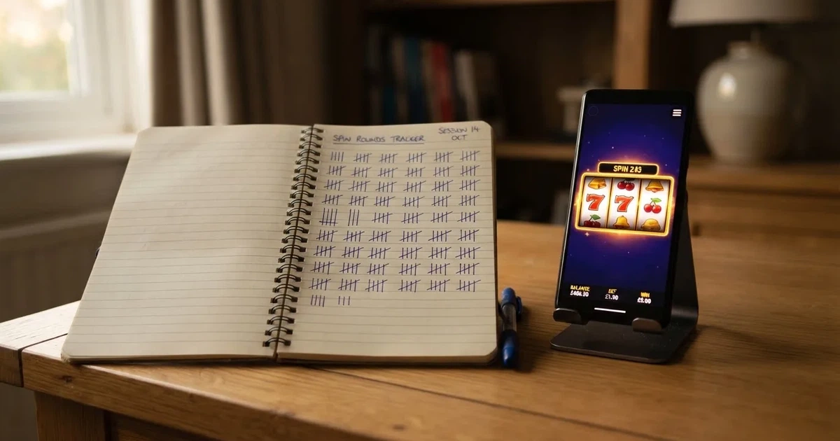 A notepad with a tally of spin counts rests beside a smartphone displaying a slot-reel icon on a desk.