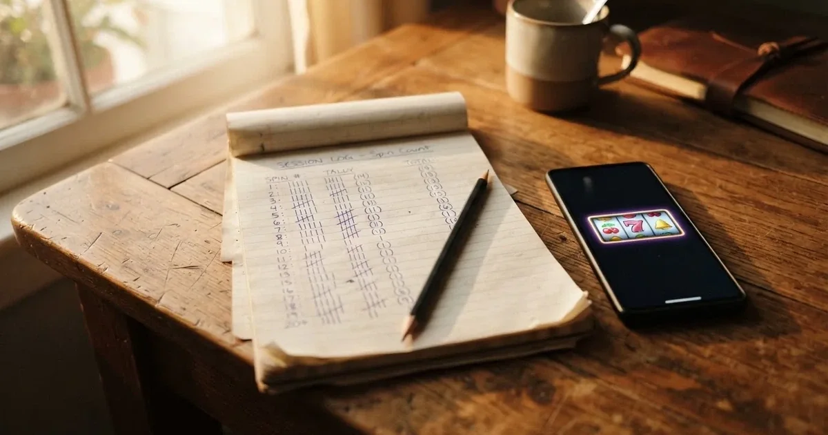 A notepad with a tally of spin counts rests beside a smartphone displaying a slot-reel icon on a desk.
