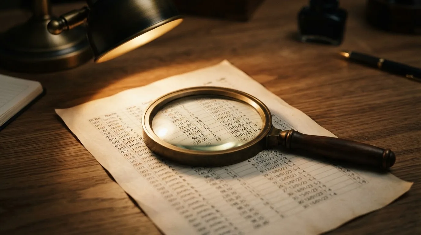 A magnifying glass rests over a printed regulatory certificate on a wooden desk.