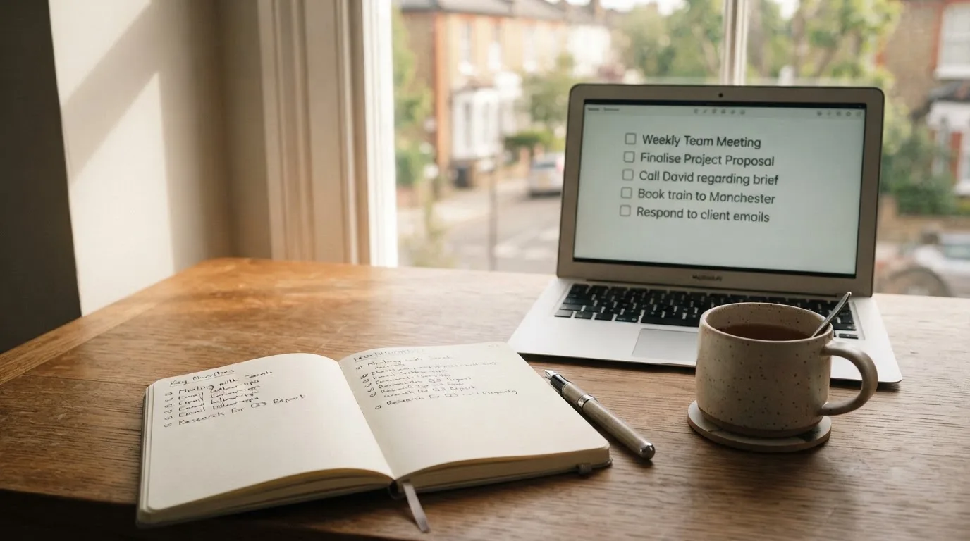 A tidy desk with a notebook, a mug of tea and a laptop open to a checklist, morning light through a window.