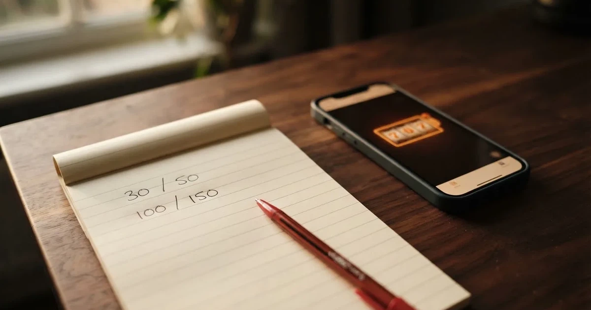 A notepad listing four spin-count tiers rests beside a smartphone displaying a slot-reel icon on a desk.