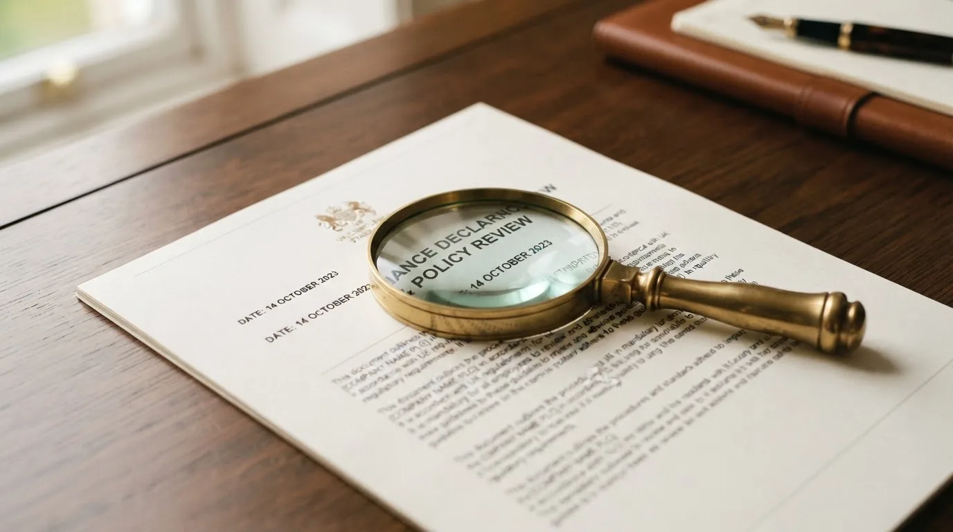 A magnifying glass rests over a printed regulatory certificate on a wooden desk.