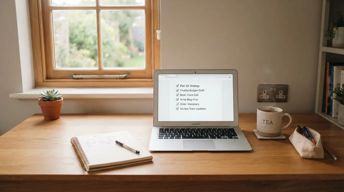 A tidy desk with a notebook, a mug of tea and a laptop open to a checklist, morning light through a window.