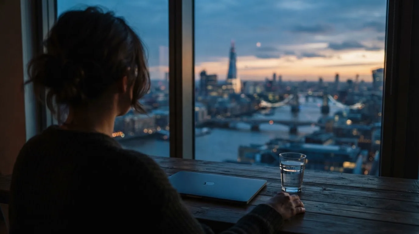 A person closes a laptop and looks out of a window at dusk, a glass of water on the table beside them.