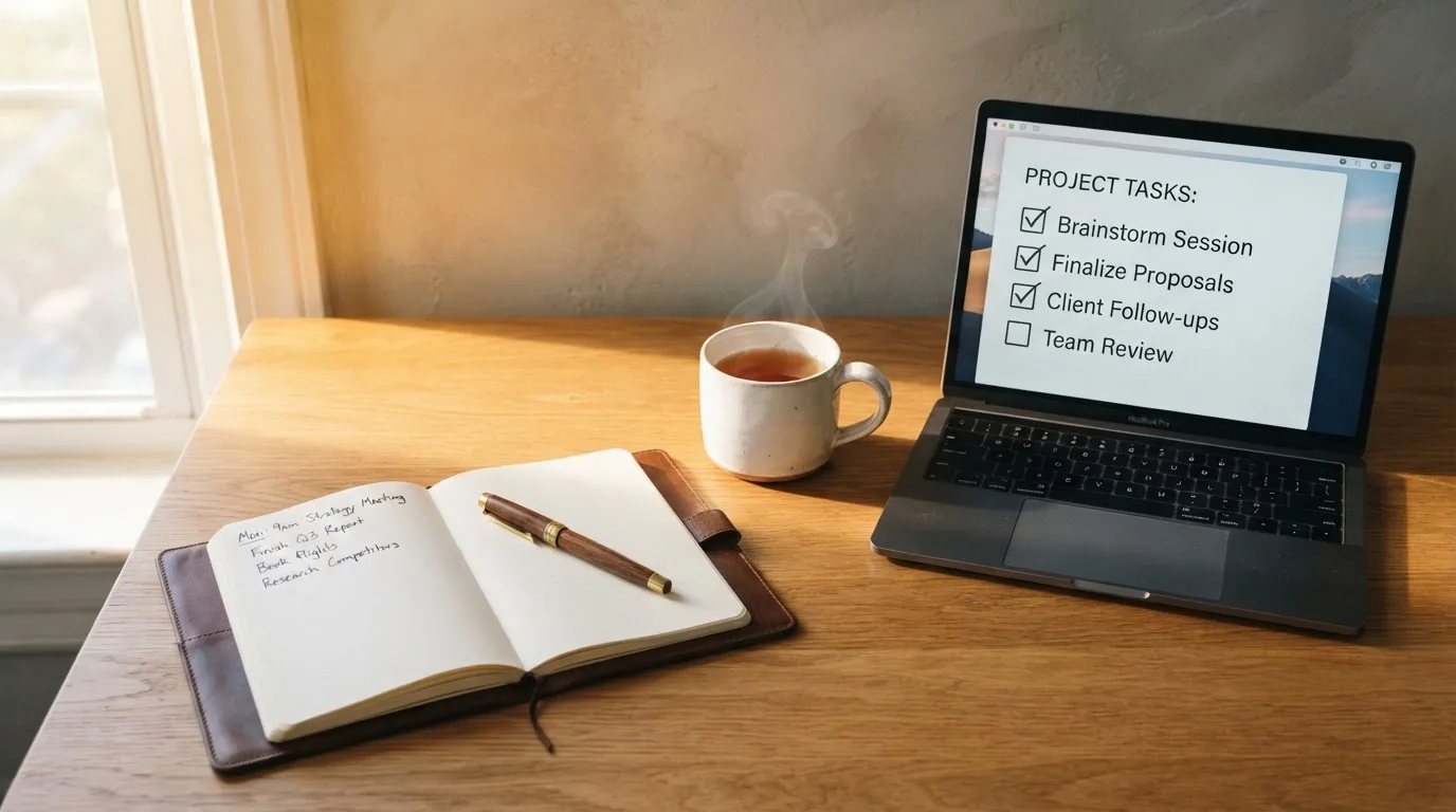 A tidy desk with a notebook, a mug of tea and a laptop open to a checklist, morning light through a window.