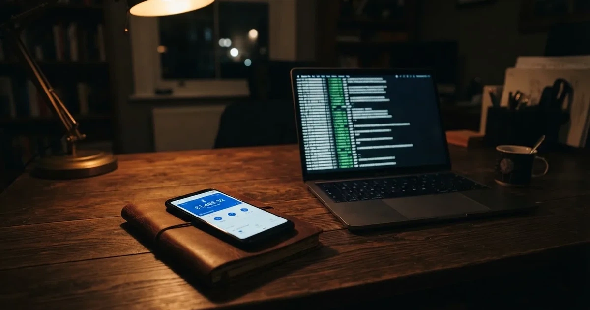 A smartphone displays a digital wallet balance next to a laptop showing scrolling transaction data in a dim room.