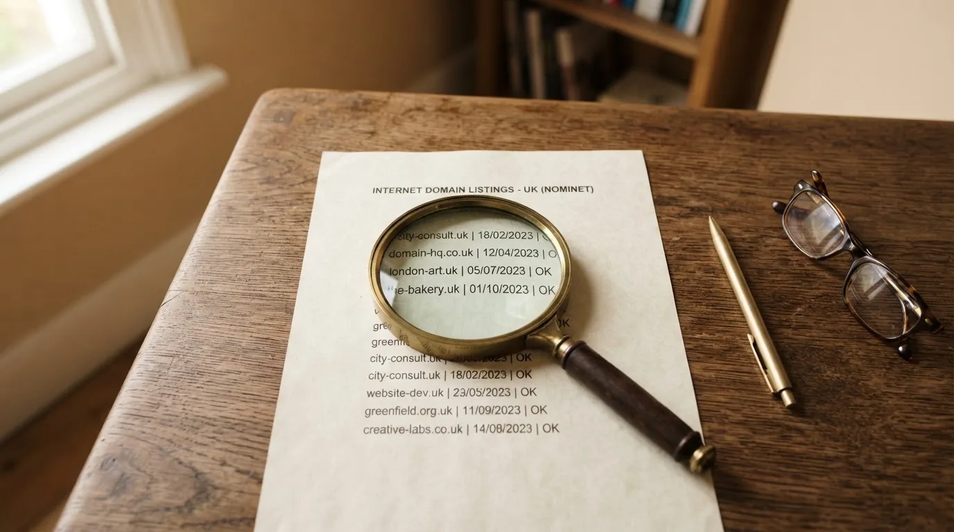 A magnifying glass rests over a printed regulatory certificate on a wooden desk.