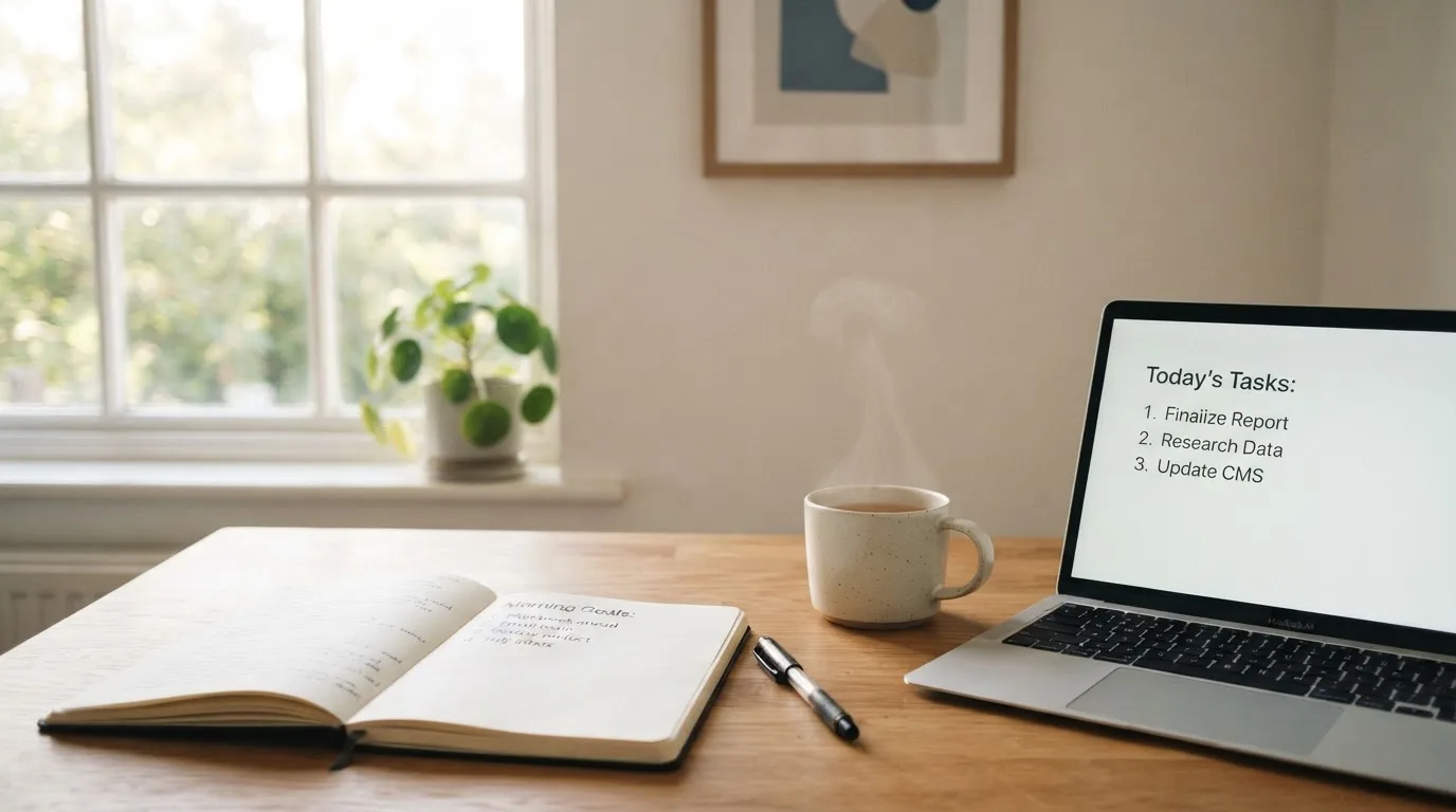 A tidy desk with a notebook, a mug of tea and a laptop open to a checklist, morning light through a window.