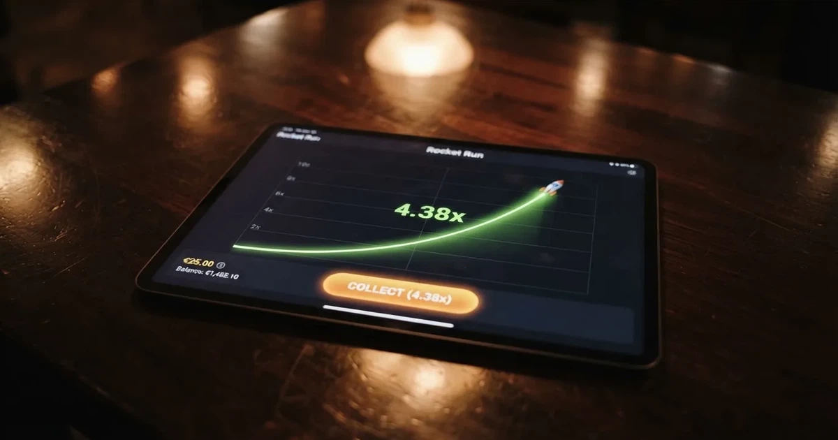 A tablet screen shows a rising flight-path line graph mid-round beside a cash-out button.