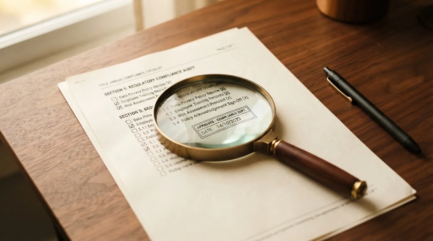 A magnifying glass rests over a printed regulatory certificate on a wooden desk.