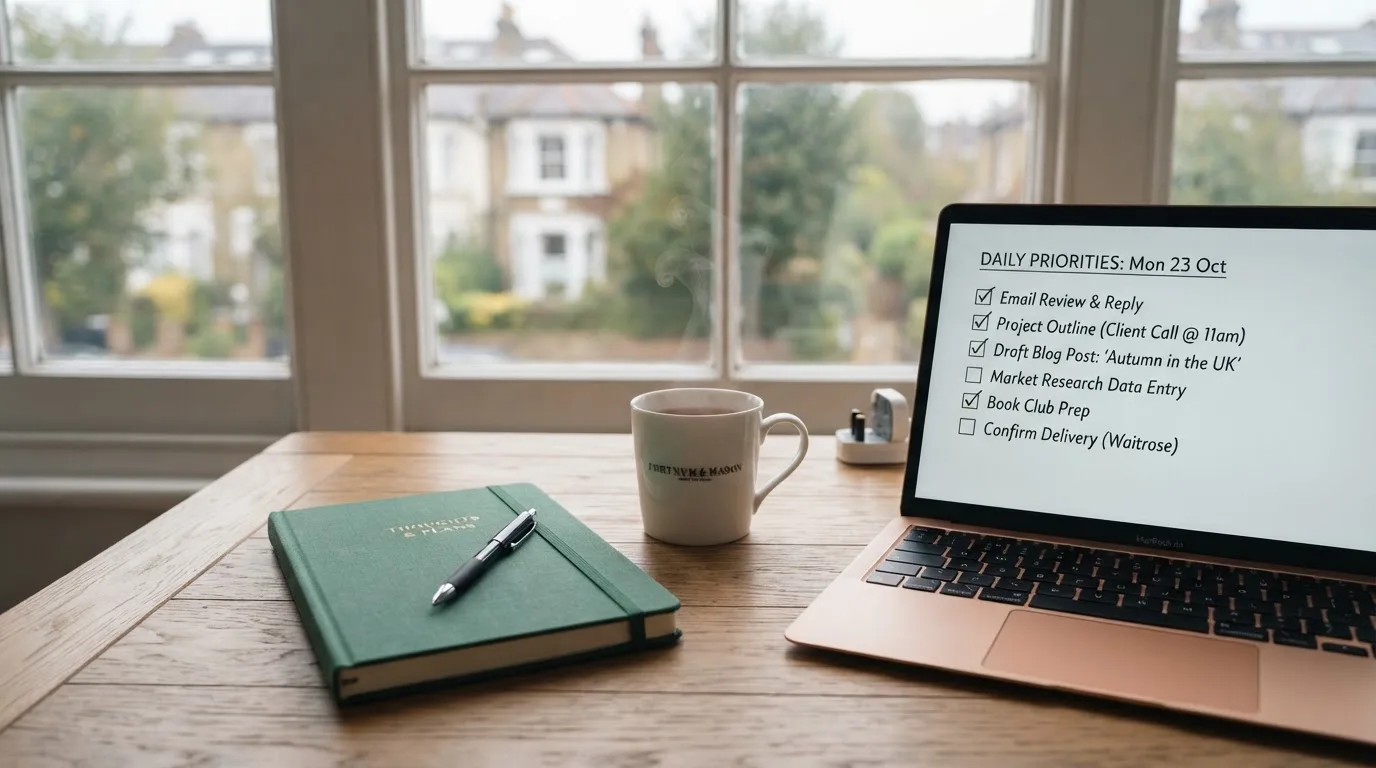 A tidy desk with a notebook, a mug of tea and a laptop open to a checklist, morning light through a window.