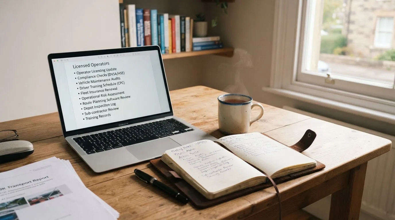 A tidy desk with a notebook, a mug of tea and a laptop open to a checklist, morning light through a window.
