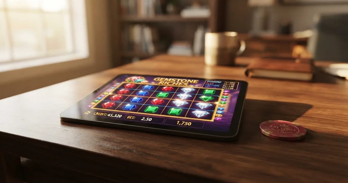 A tablet screen shows a five-reel slot grid with multiple paylines and a payout chart beside it on a desk.