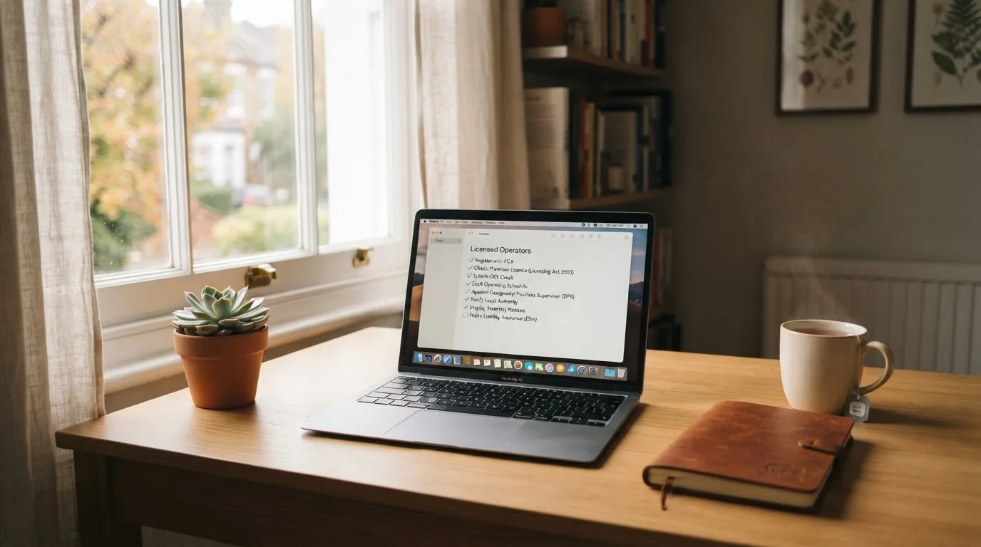 A tidy desk with a notebook, a mug of tea and a laptop open to a checklist, morning light through a window.