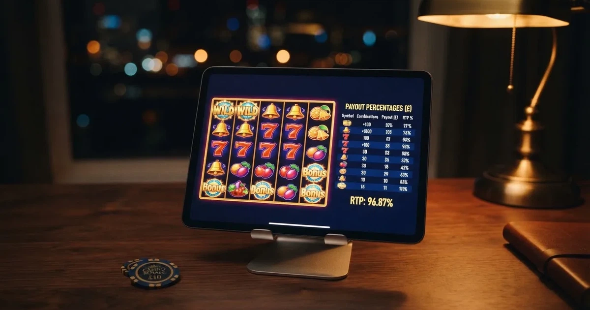 A tablet propped on a stand displays a grid of slot symbols and a payout chart in a dimly lit room.