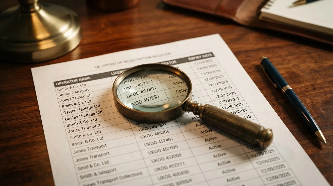 A magnifying glass rests over a printed regulatory certificate on a wooden desk.