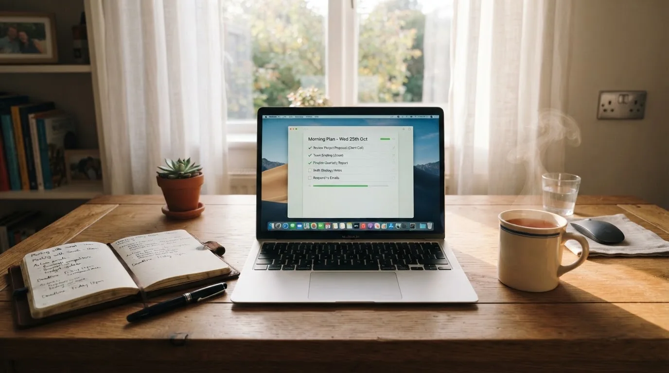 A tidy desk with a notebook, a mug of tea and a laptop open to a checklist, morning light through a window.