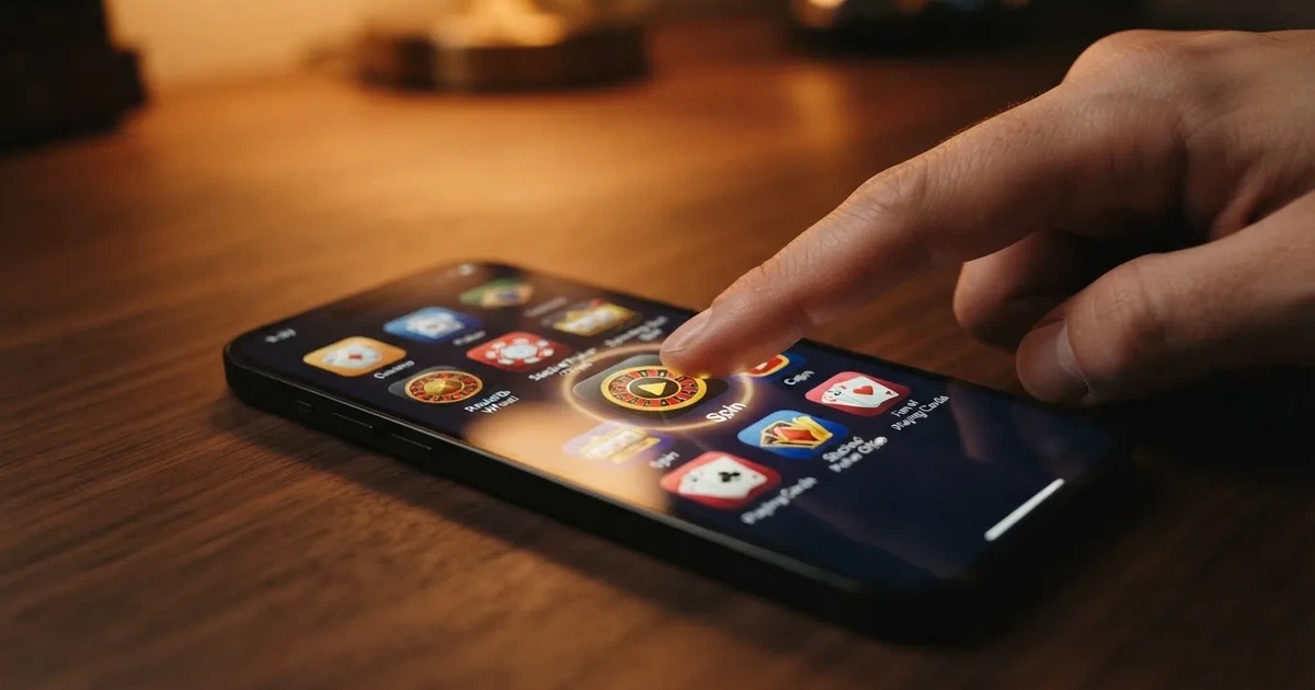 A close-up of a finger tapping a smartphone screen showing rows of casino-style app icons.