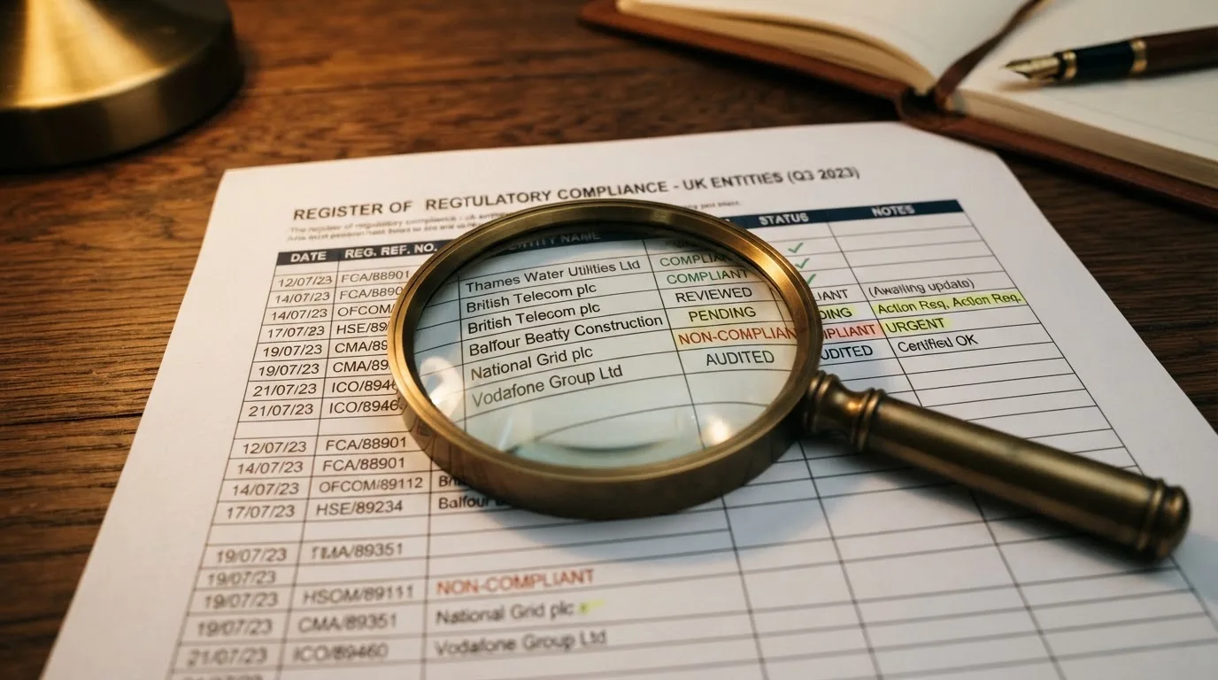 A magnifying glass rests over a printed regulatory certificate on a wooden desk.