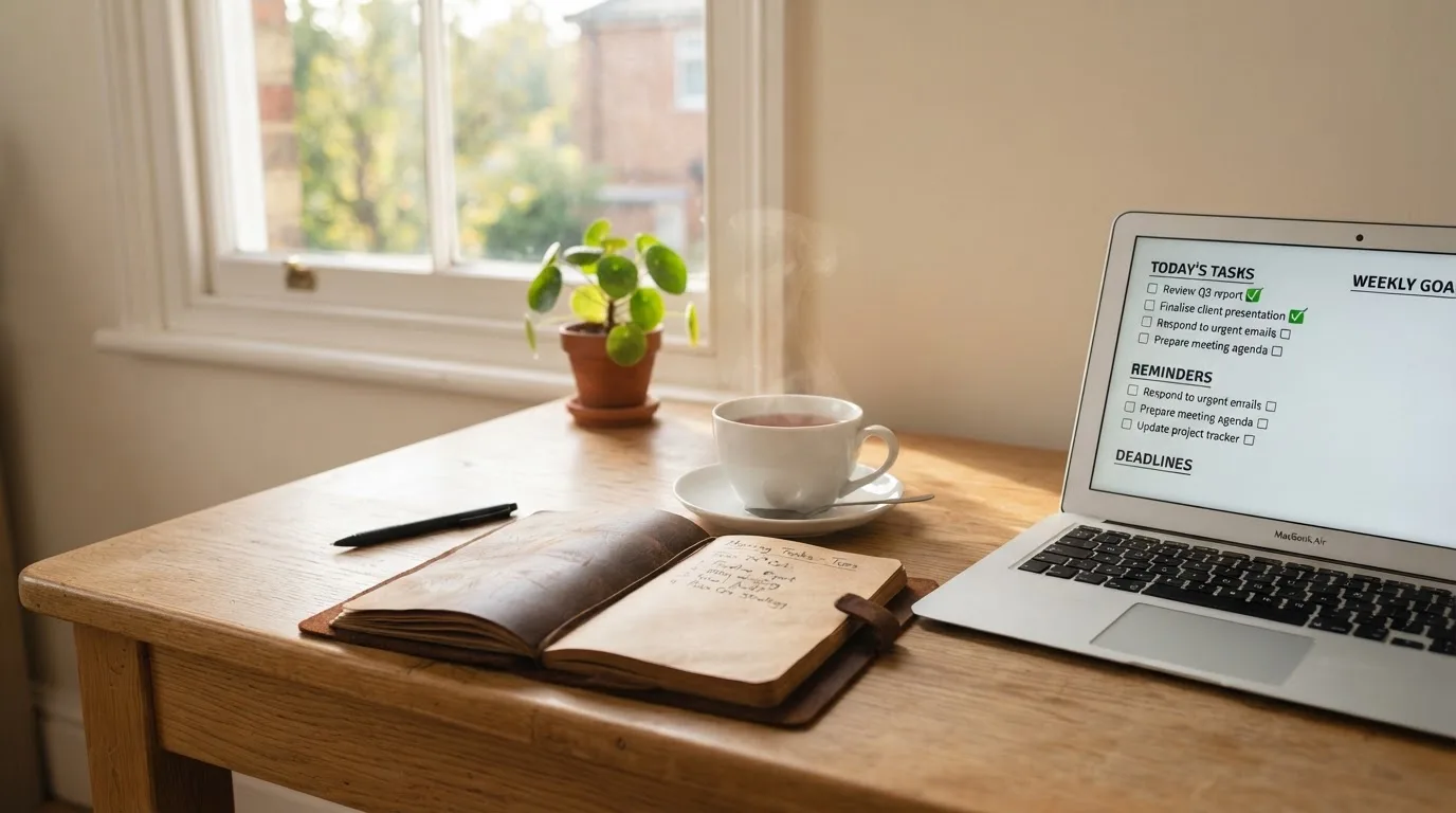 A tidy desk with a notebook, a mug of tea and a laptop open to a checklist, morning light through a window.