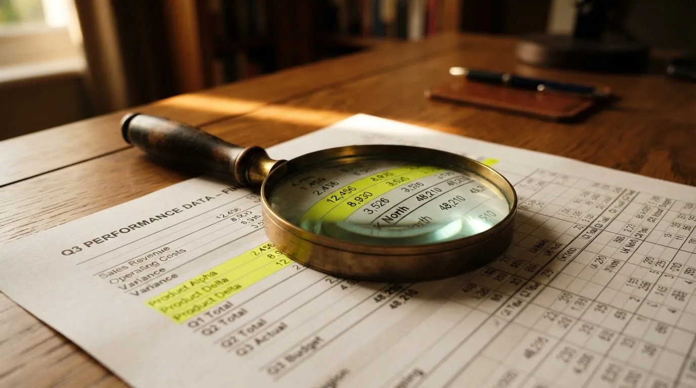A magnifying glass rests over a printed regulatory certificate on a wooden desk.