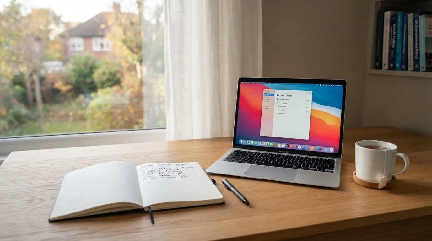 A tidy desk with a notebook, a mug of tea and a laptop open to a checklist, morning light through a window.