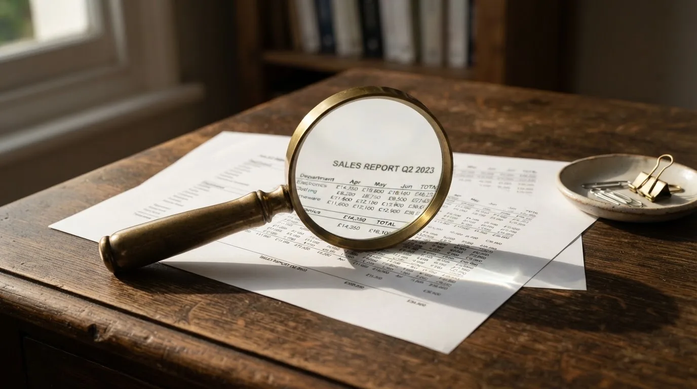 A magnifying glass rests over a printed regulatory certificate on a wooden desk.