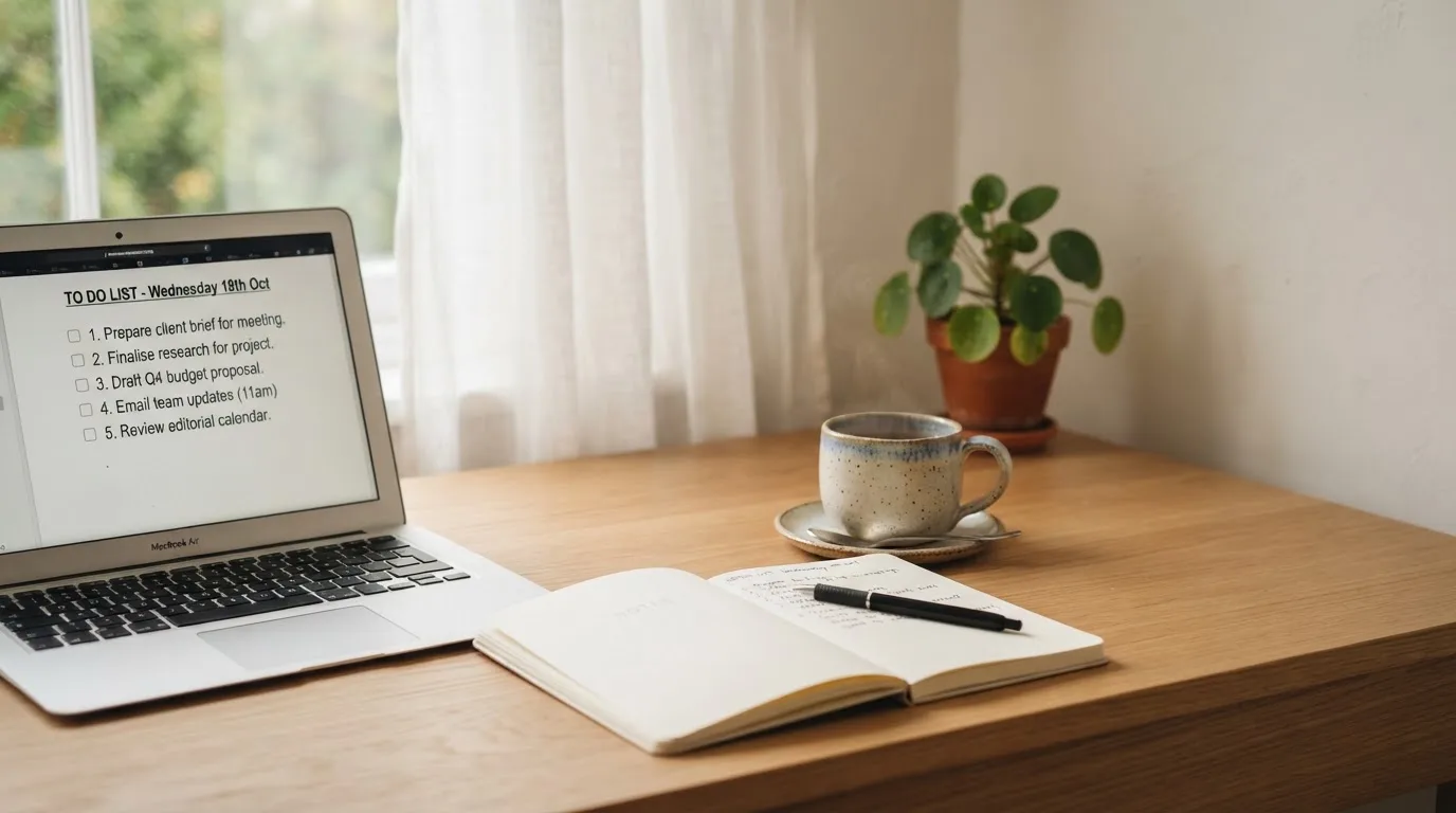 A tidy desk with a notebook, a mug of tea and a laptop open to a checklist, morning light through a window.