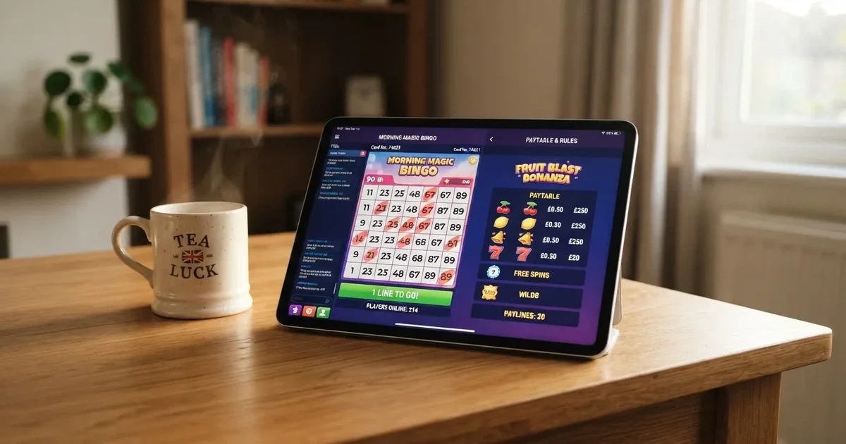 A tablet screen shows a bingo card next to a slot game paytable on a desk.
