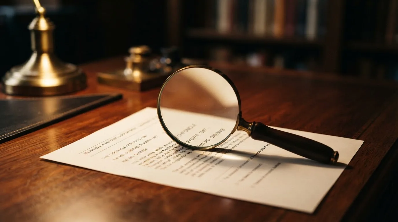 A magnifying glass rests over a printed regulatory certificate on a wooden desk.