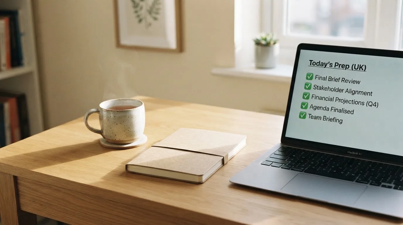 A tidy desk with a notebook, a mug of tea and a laptop open to a checklist, morning light through a window.