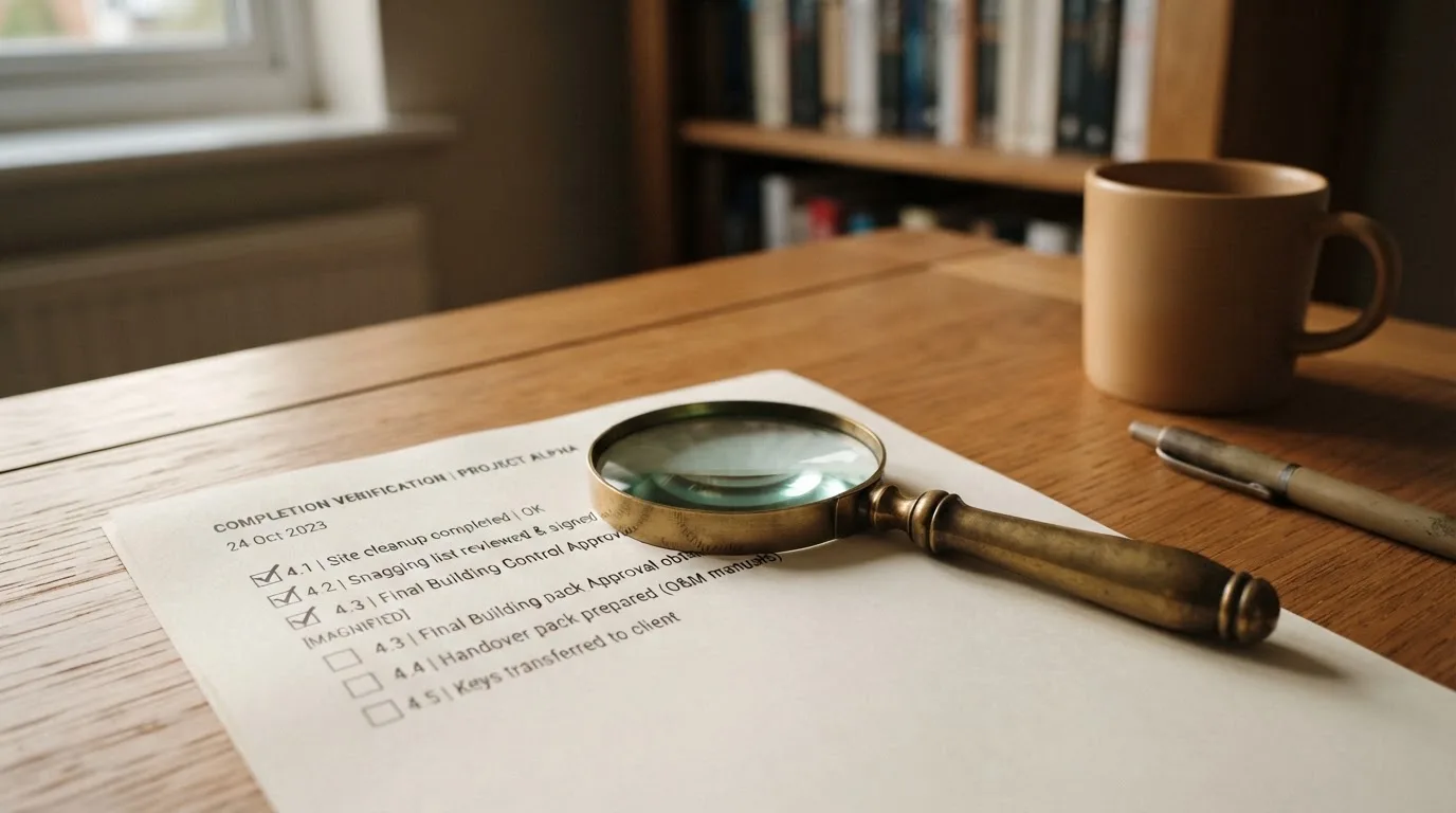 A magnifying glass rests over a printed regulatory certificate on a wooden desk.