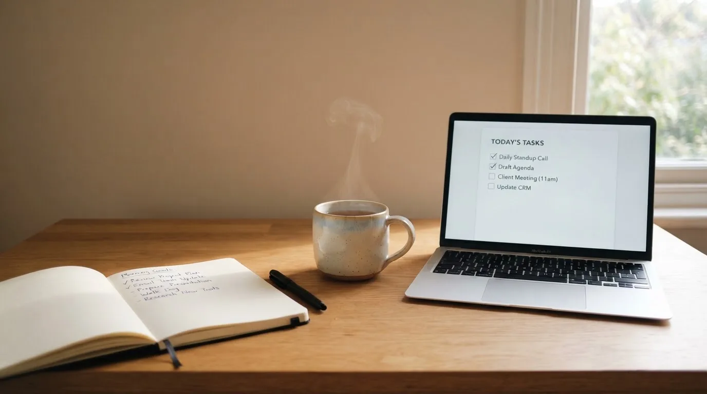 A tidy desk with a notebook, a mug of tea and a laptop open to a checklist, morning light through a window.