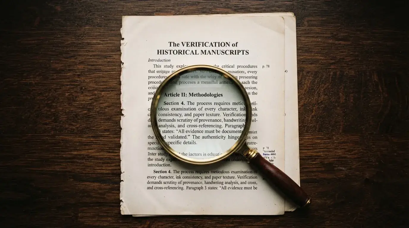 A magnifying glass rests over a printed regulatory certificate on a wooden desk.