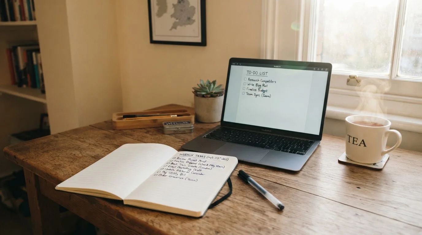 A tidy desk with a notebook, a mug of tea and a laptop open to a checklist, morning light through a window.