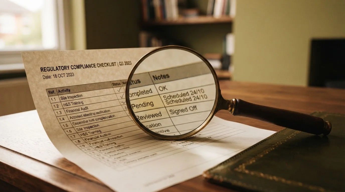 A magnifying glass rests over a printed regulatory certificate on a wooden desk.