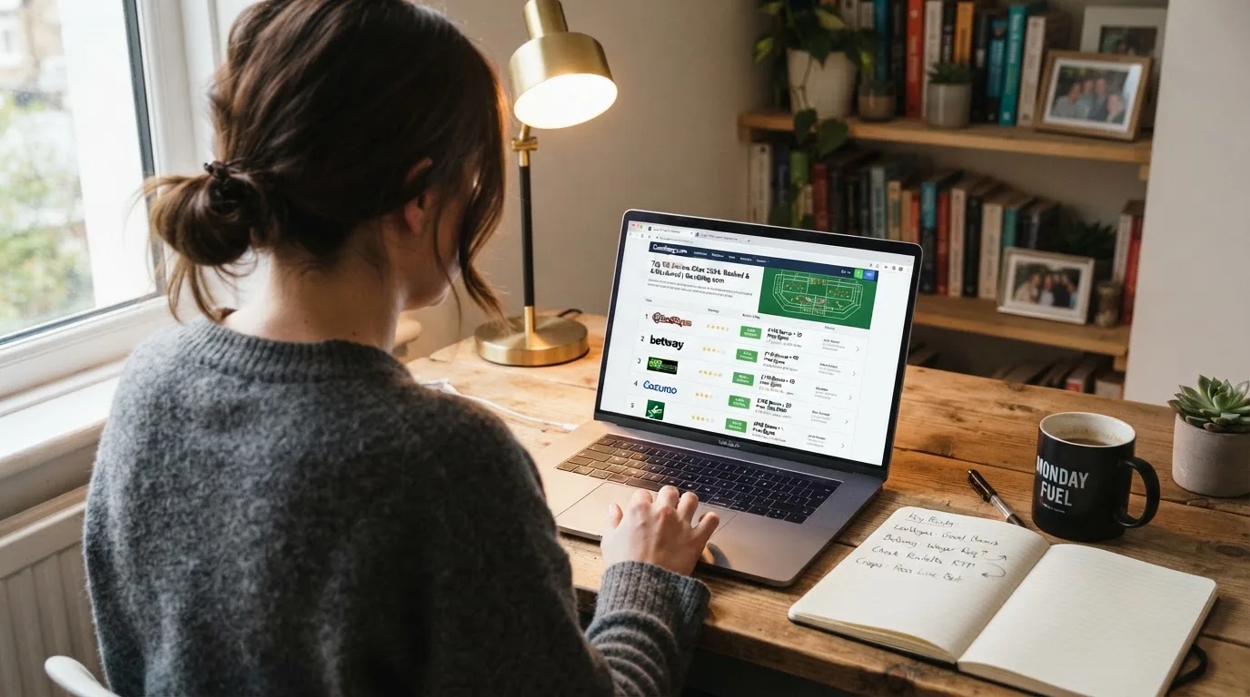 A laptop on a home desk showing a UK online casino comparison page open beside a notepad, with a craps table layout diagram on a laptop visible in a browser tab list